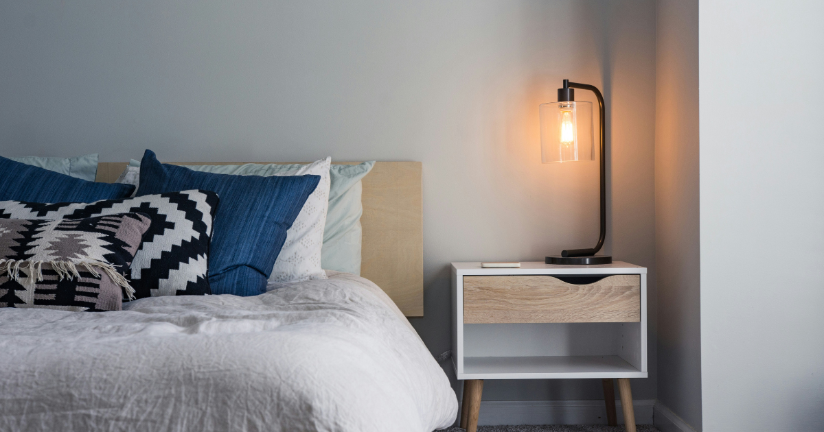 apartment bedroom, organized and cozy